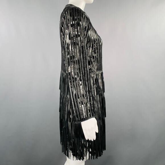 CABAN ROMANTIC Size 8 Black Lace Leather Fringed Coat - Picture 4 of 7